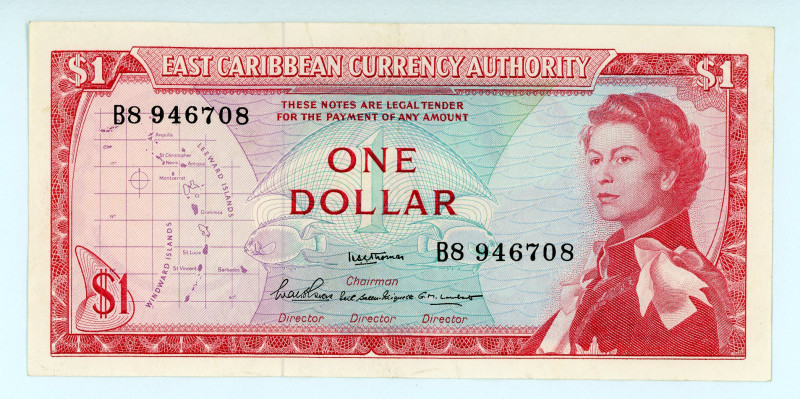 East Caribbean States
Currency Authority
1 Dollar, ND (1965)
S/N B8 946708
Water...