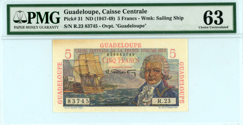 Guadeloupe
Caisse Centrale
5 Francs, ND (1947-1949)
S/N R.23 83745
Watermark: Sa...