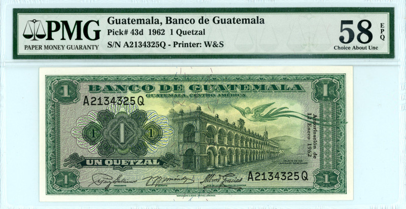 Guatemala
Banco de Guatemala
1 Quetzal, 1962
S/N A2134325Q
Printer: W&S
Pick 43d...