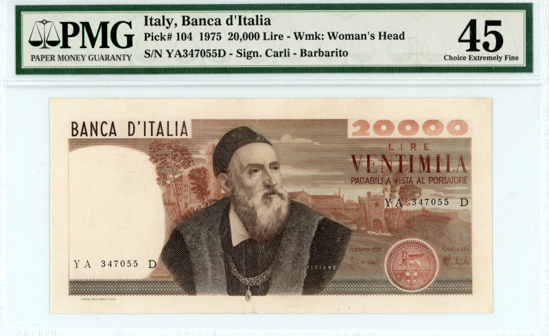 Italy
Banca d'Italia
20000 Lire, 1975
S/N YA347055D
Signatures of Carli and Barb...