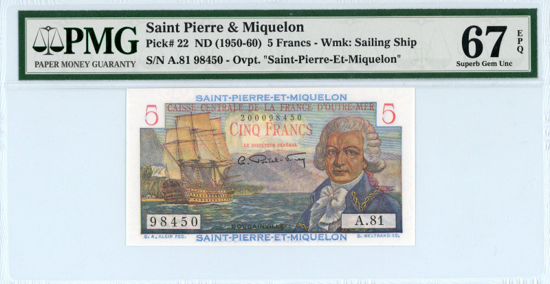 Saint Pierre & Miquelon
5 Francs, ND (1950-1960)
S/N A.81 98450
Watermark: Saili...