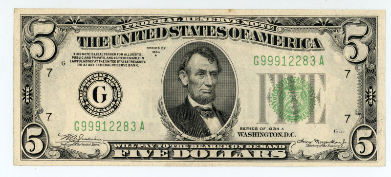 USA
Federal Reserve Note Chicago
$5 1934A
S/N G99912283A pp G
Signatures of Juli...