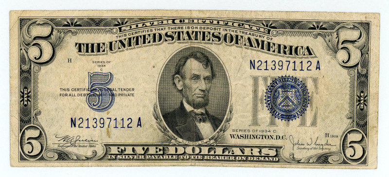 USA
Silver Certificate
$5 1934C
S/N N21397112A pp H
Signatures of Julian and Sny...