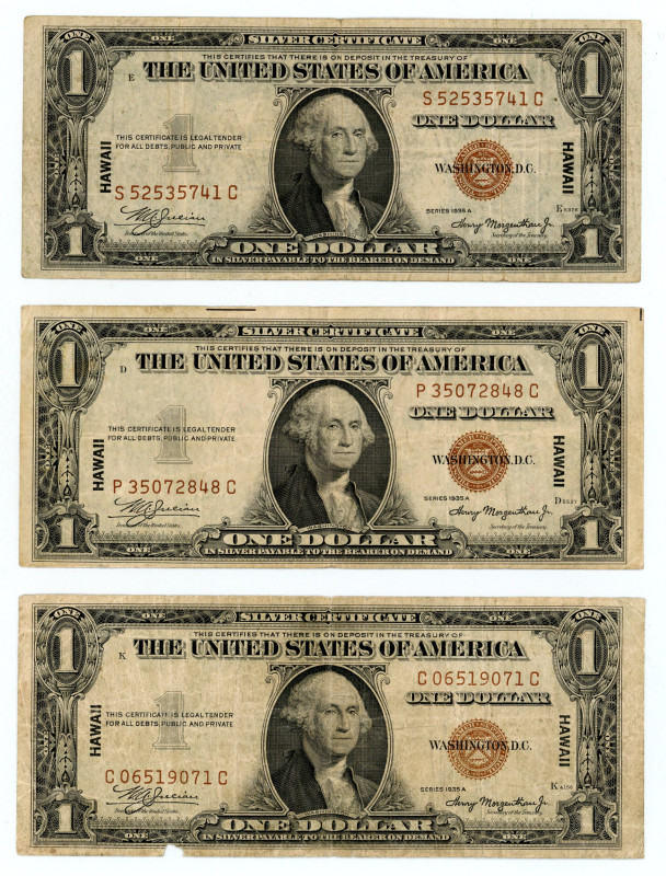 USA
Lot of 3 banknotes comprising 3x $1 1935-A Hawaii Silver Certificate
S/N C06...