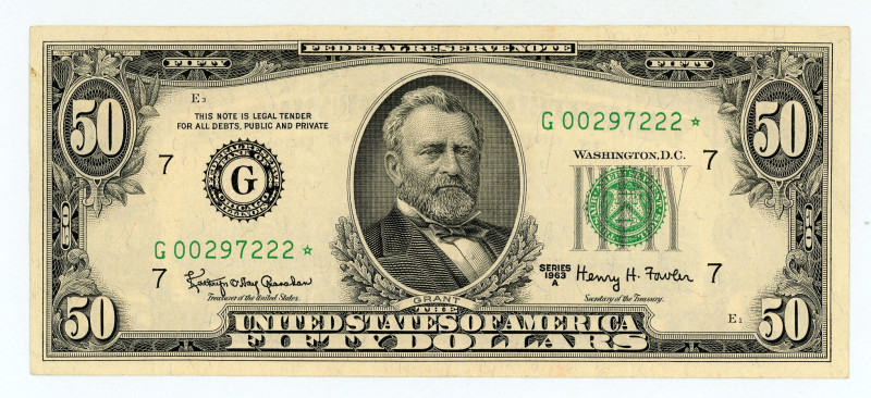 USA
Federal Reserve Note Chicago
$50 1963A
S/N G00297222* pp E
Signatures of Gra...