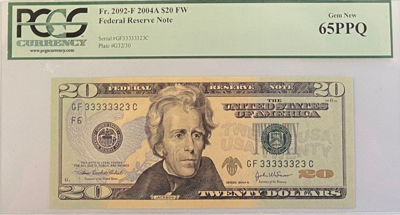 USA
Federal Reserve Note
$20 2004A FW
S/N GF33333323C
Plate G32/30
Fr. 2092-F

G...