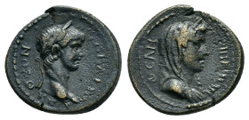 AEOLIS. Kyme. Nero, with Agrippina II (54 - 68). Ae.

Obv : ΘЄΟΝ ΝЄΡΩΝΑ ΚΥΜΑΙΩΝ.
Laureate head of Nero right.
 
Rev : ΘЄΑΝ ΑΓΡΙΠΠΙΝΑΝ.
Draped bust of ...