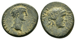 AEOLIS. Myrina. Claudius (41-54). Ae. 

Obv : TI KΛAVΔIOC KAICAP CЄBACTOC.
Bare head of Claudius right.

Rev : MYPINAIΩN.
Laureate and draped bust of ...