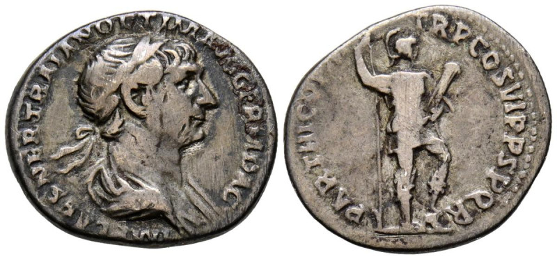 TRAJANO. Denario. (Ar. 3,15g/19mm). 116 d.C. Roma. (RIC 334). Anv: Busto lauread...