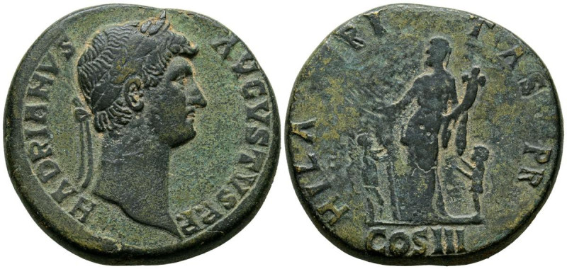 ADRIANO. Sestercio. (Ae. 28,00g/33mm). 128-129 d.C. Roma. (RIC 988). Anv: Cabeza...