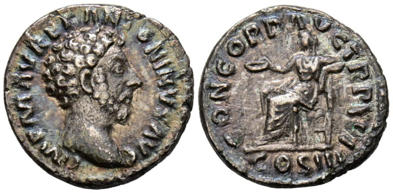 MARCO AURELIO. Denario. (Ar. 3,22g/18mm). 161-162 d.C. Roma. (RIC 35). Anv: Cabe...