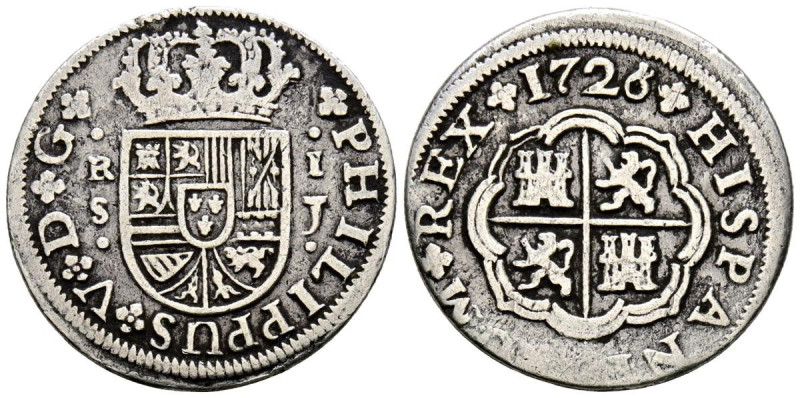 FELIPE V (1700-1746). 1 Real. (Ar. 2,53g/20mm). 1726/5. Sevilla J. (Cal-2019-648...