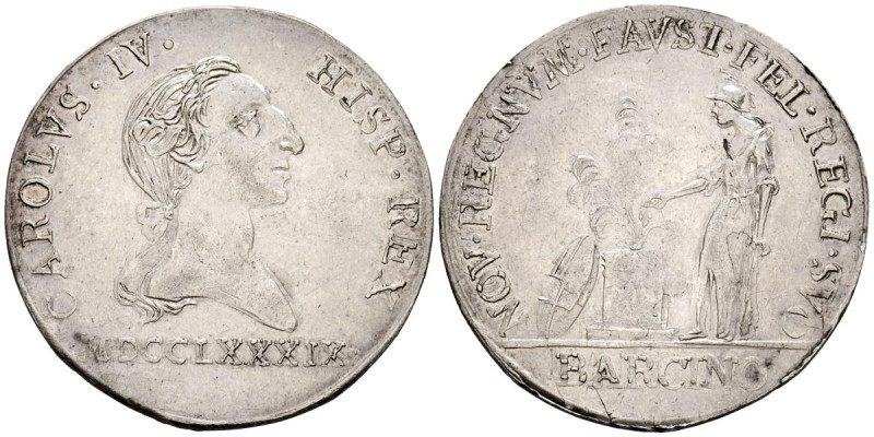 CARLOS IV (1808-1833). Proclamación en Barcelona (Ar. 7,89g/33mm). 1789. Grabado...