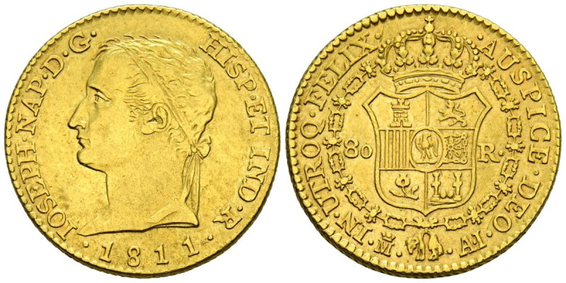 JOSÉ NAPOLEÓN (1808-1813). 80 Reales (Au. 6.76g/22mm). 1811. Madrid AI. Busto di...