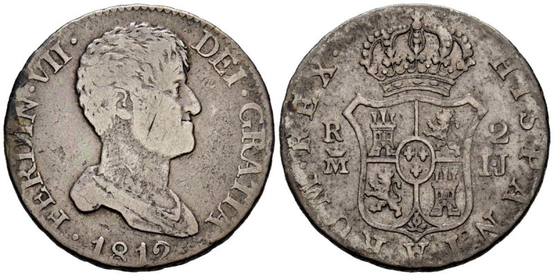 FERNANDO VII (1808-1833). 2 Reales. (Ar. 5,72g/25mm). 1812. Madrid IJ. Busto des...