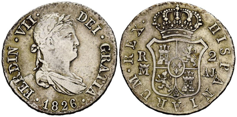 FERNANDO VII (1808-1833). 2 Reales. (Ar. 5,83g/25mm). 1826. Madrid AJ. (Cal-2019...