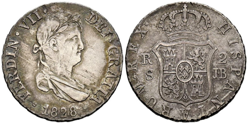 FERNANDO VII (1808-1833). 2 Reales. (Ar. 5,73g/25mm). 1828. Sevilla JB. (Cal-201...