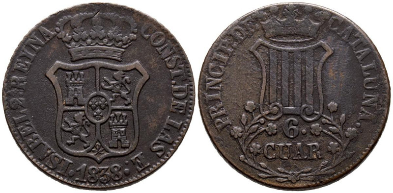 ISABEL II (1833-1868). 6 Cuartos. (Ae. 12,39g/33mm). 1838. Barcelona. (Cal-2019-...