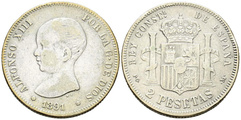 ALFONSO XIII (1885-1931). 2 Pesetas (Ar. 9,82g /27mm). 1891 * 18-91. Madrid PGM....