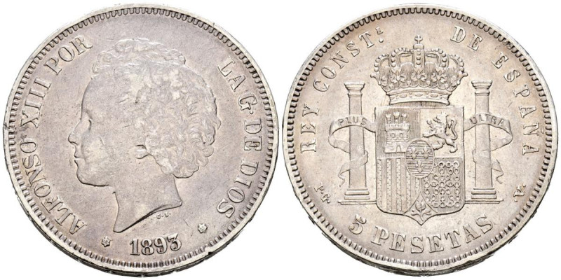 ALFONSO XIII (1885-1931). 5 Pesetas (Ar. 24.98g/37mm). 1893 *18-93. Madrid. PGV....