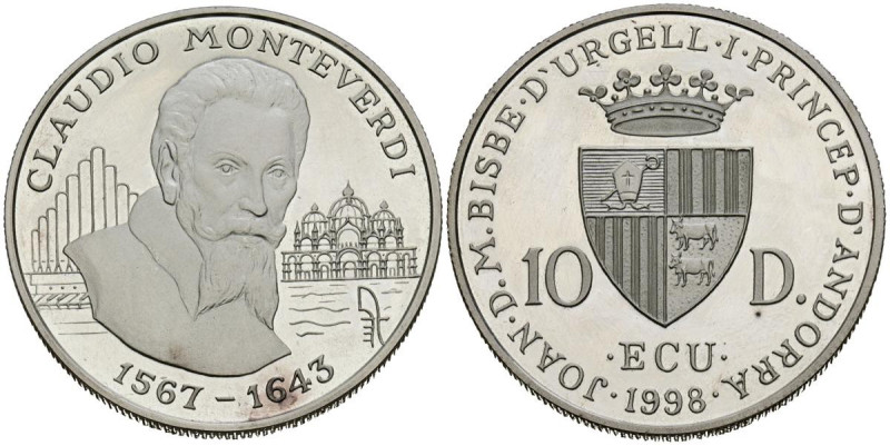 ANDORRA. 10 Diners (Ar. 31,39g/39mm). 1998. Claudio Monteverdi. (Km#146). PROOF.