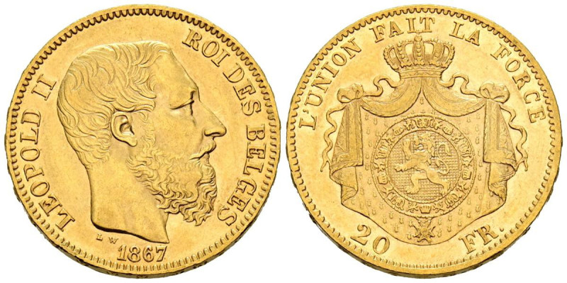 BELGICA, Leopoldo II (1865-1909). 20 Francos. 1867. Bruselas. (Km#32). MBC+.