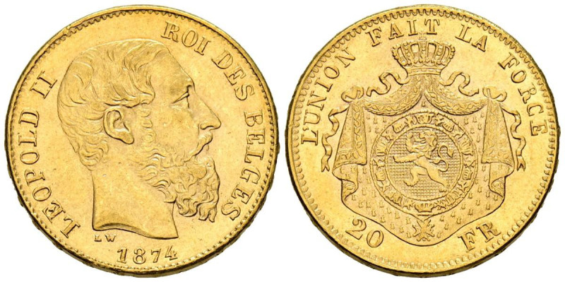 BELGICA, Leopoldo II (1865-1909). 20 Francos. 1874. Bruselas. (Km#37). MBC+.