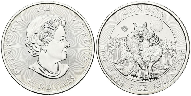 CANADÁ. 10 Dollars (Ar. 62,75g/38mm). 2021. Hombre Lobo. SC. Incluye cápsula.