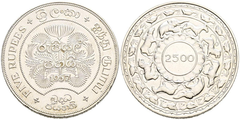 CEILÁN (Sri Lanka). 5 Rupias (Ar. 28,25g/39mm). 1957. 2500 Aniversario de Budism...