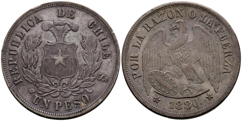 CHILE. 1 Peso (Ar. 24,74g/38mm). 1880. Santiago. (Km#142.1). MBC+. Pátina.