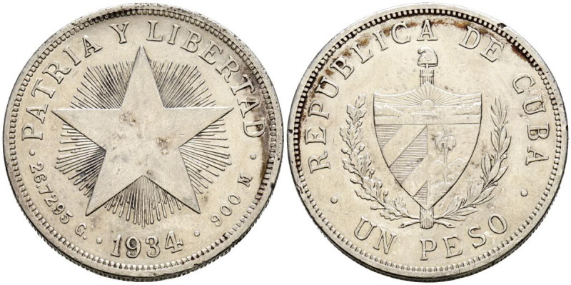 CUBA. 1 Peso. (Ar. 26,61g/38mm). 1934. (Km#15.2). MBC.