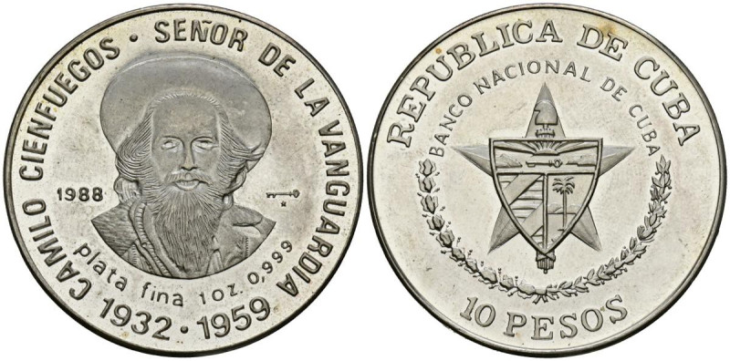 CUBA. 10 Pesos. (Ar. 31,09g/38mm). 1988. Camilo Cienfuegos. (Km#229). PROOF. Tir...