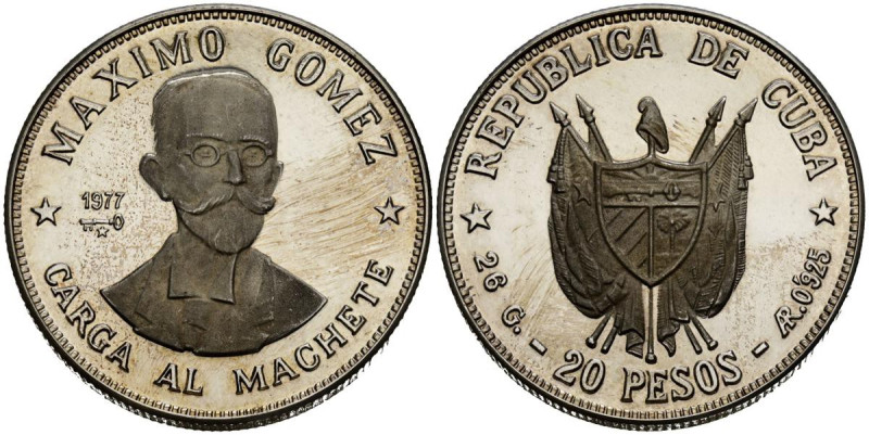 CUBA. 20 Pesos (Ar. 26,00g/38mm). 1977. Máximo Gómez. (Km#39). PROOF. Leves rayi...