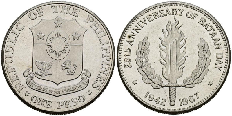 FILIPINAS. 1 Peso. (Ar. 26,79g/38mm). 1967. 25º Aniversario de Bataan Day. (Km#1...