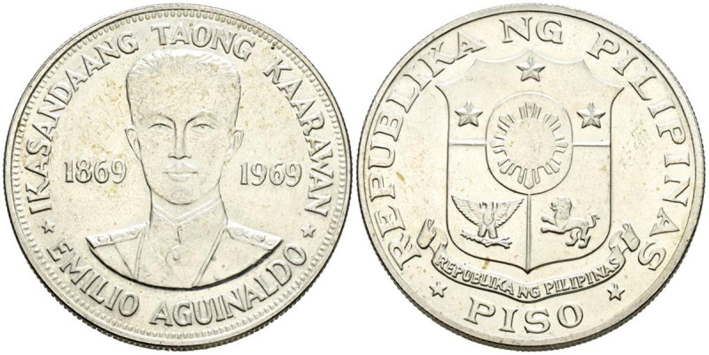 FILIPINAS. 1 Piso (Ar. 26,21g/38mm). 1969. Centenario del nacimiento de Emilio A...