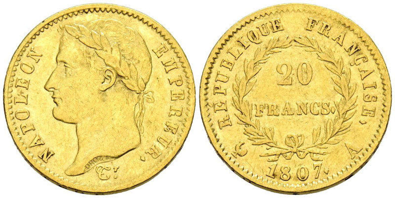 FRANCIA, Napoleón I (1804-1814). 20 Francos. 1807. París A. (Km#687.1). MBC-.