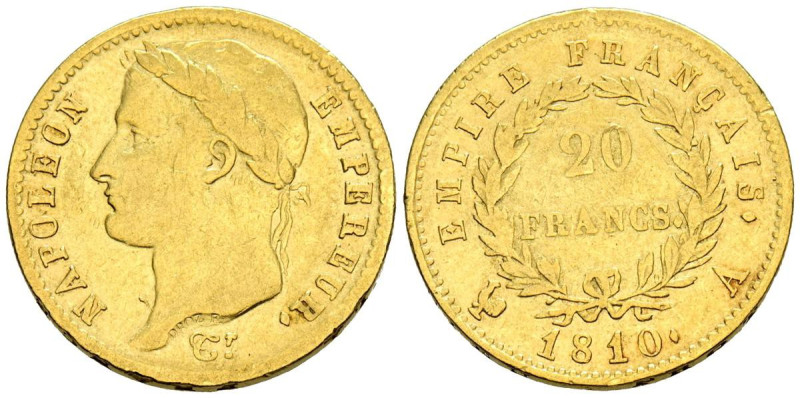 FRANCIA, Napoleón I (1804-1814). 20 Francos. 1810. París A. (Km#695.1). MBC-.