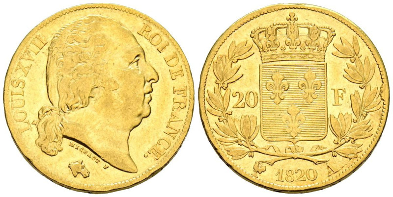 FRANCIA, Luis XVIII (1815-1824). 20 Francos. 1820. París A. (Km#712.1). MBC.