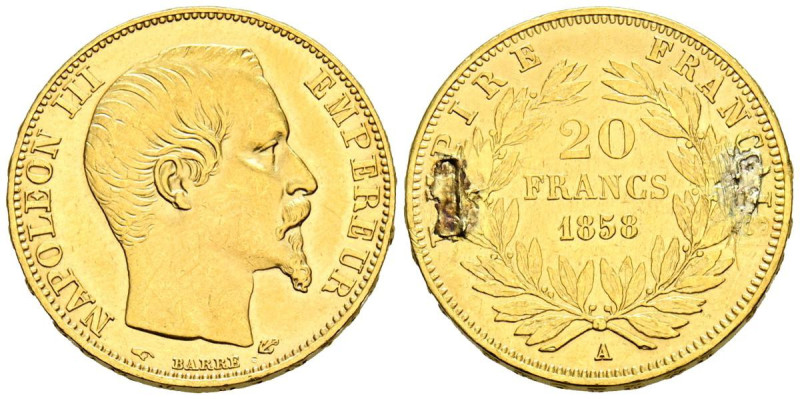 FRANCIA, Napoleón III (1852-1870). 20 Francos. 1858. París A. (Km#781.1). MBC-. ...