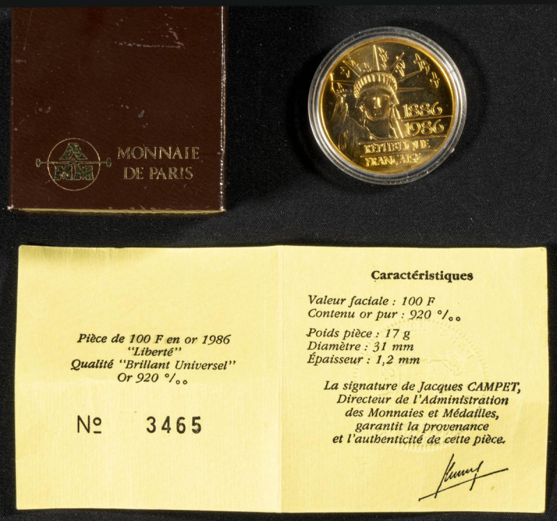 FRANCIA. 100 Francos (Au. 17,01g/31mm). 1986. Centenario de la Estatua de la Lib...