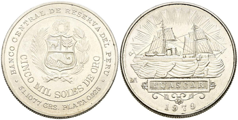 PERÚ. 5000 Soles de Oro. (Ar. 33,74g/40mm). 1979. Lima. Centenario Batalla de Iq...