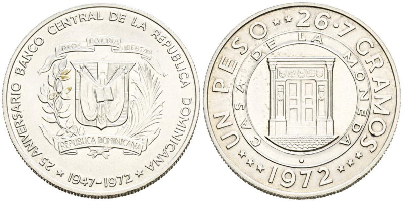 REPÚBLICA DOMINICANA. 1 Peso (Ar. 26,72g/38mm). 1972. 25 Aniversario del Banco C...