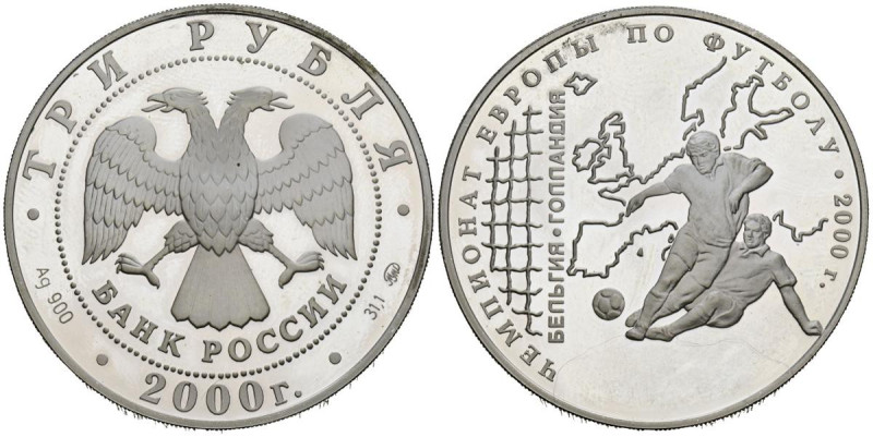 RUSIA. 3 Rublos. (Ar. 34,72g/39mm). 2000. Eurocopa 2000 (Km#673). PROOF. Escasa.