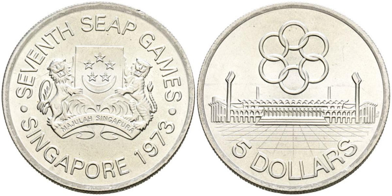 SINGAPUR. 5 Dollars (Ar. 24,93g/38mm). 1973. VII Juegos del Sudeste Peninsular A...