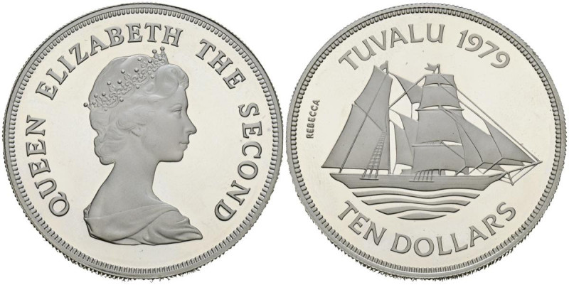 TUVALU. 10 Dollars. (Ar. 35,30g/42mm). 1979. Isabel II. (Km#79). PROOF.