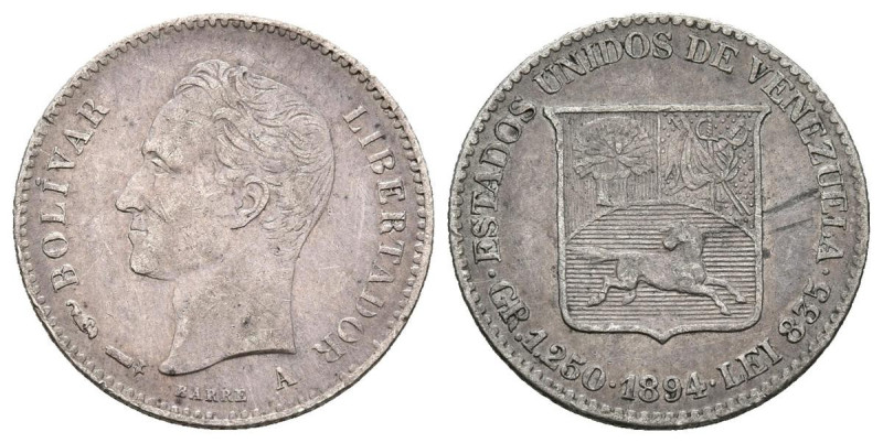 ESTADOS UNIDOS DE VENEZUELA. 1/4 Bolívar. (Ar. 1,25g/15mm). 1894. París. (Km#Y20...