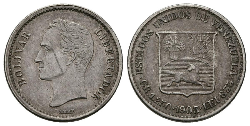 ESTADOS UNIDOS DE VENEZUELA. 1/4 de Bolívar (Ar. 1,25g/21mm). 1903. París. (KM#Y...