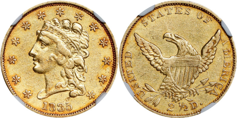 1835 Classic Head Quarter Eagle. HM-2. Rarity-3. Wide A M. AU Details--Cleaned (...