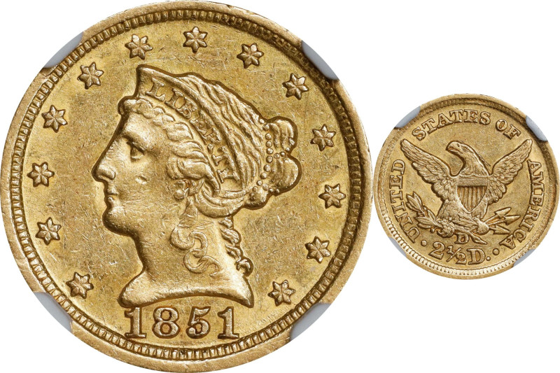 1851-D Liberty Head Quarter Eagle. Winter 15-N, the only known dies. AU Details-...