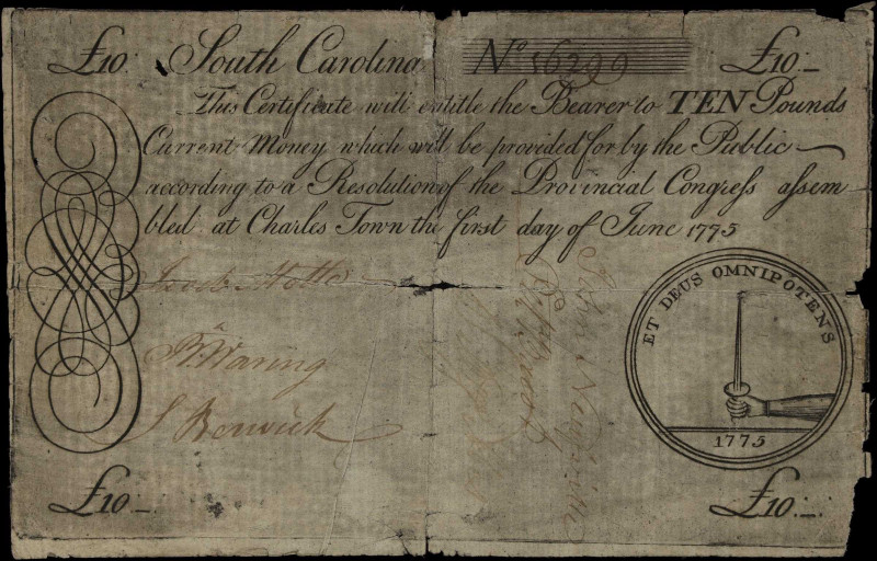 SC-99. South Carolina. June 1, 1775. 10 Pounds. Very Good.

A weathered note f...